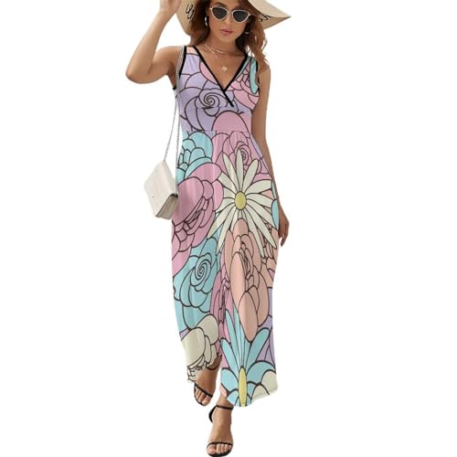 Robe longue d'été fleurie col V sans manches pour vos journées farniente à la plage