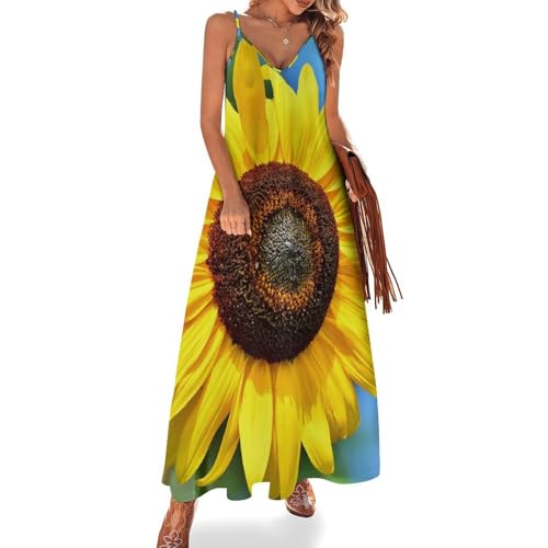 Robe longue imprimé aquarelle tournesol sans manches style maxi bohème