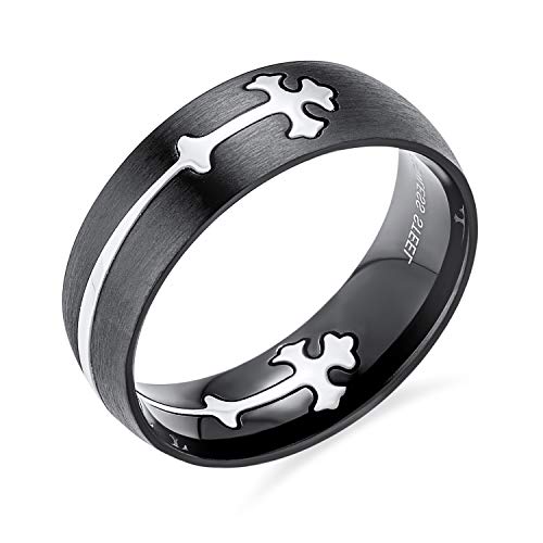 Bling Jewelry Mens Religious Maltase Fleur De Lis Cross Black Puzzle Wedding Band Ring for Men Silver Tone Stainless Steel
