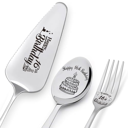 Happy 16th Birthday Personalized Laser-Engraved Stainless Steel Birthday Party Utensil Set - Cake Server, Spoon, and Fork for Son Daughter Nephew Niece