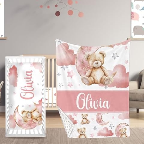 YISMEET Personalized Crib Bedding Set, Toddler Pink Bear Theme Set with Name, 2 Pcs Baby Crib Set for Infant Babys, Comfort Double Layer Blanket and Crib Sheet, Newborns Gifts for Baby Girls Cover