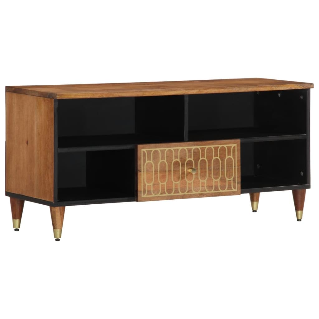 TV-Schrank 100x33x46 cm, Massivholz Mango, handgeschnitzt, Honigbraun, stabil, für Wohnzimmer, Media Center, langlebiges TV-Möbel
