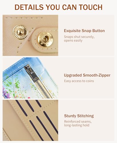 Image of Immaturus Floral Womens Wallet, Slim Thin RFID Blocking Card Wallets, Bifold PU Leather Credit Card Holder Organizer, Cute Cash Clutch Long Billfold with Zipper Coin Pocket Ladies Girls Gift