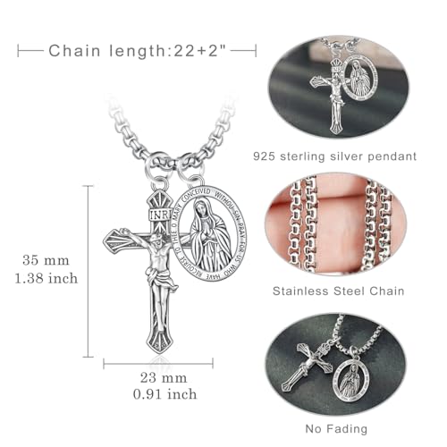Crucifix Necklace Men 925 Sterling Silver Virgin Mary Cross and Miraculous Medal Necklace for Women Religious Amulet Catholic Jewelry Gifts3