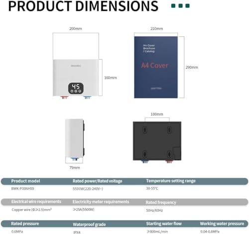 Briwellna Elektrisch Instant Durchlauferhitzer Küche Klein Warmwasserbereiter mit LED Temperaturanzeige 220v 5500W für Küche und Badezimmer