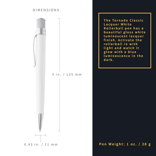 Retro 1951 Tornado Classic Lacquer White Rollerball Pen – Glow in the Dark, Chrome Accents, Knurl Twist-Top, Smooth Rollerball Refill – Packaged in Graphic Tube - Thumbnail 3