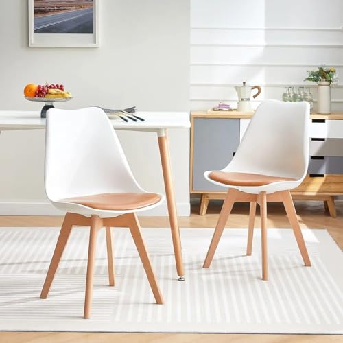 Image of Set of 4 Modern Style Mid Century Modern Dinning Room Cafe Hotel Office Wooden Legs Chair (White with Brown Seat)