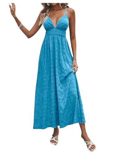 Image of Milumia Women's Summer V Neck Backless Maxi Dress Boho Spaghetti Strap A Line Flowy Beach Long Sundress