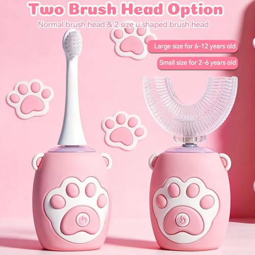 KAQINWX Kids U Shaped Electric Toothbrush for Age 2-12, Rechargeable Toddler Toothbrush with Smart Timer & 3 Clean Modes, Cat's Claw Design, IPX7 Waterproof, 3 Brush Heads & 360°Cleaning — view 4