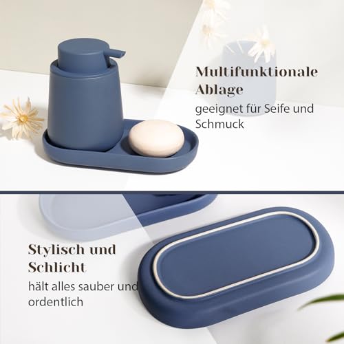 Autumnlife Badezimmer Set Blau, Keramik Badezimmer Zubehör Set 3-teiliges, Dekoratives Badzubehör Seifenspender Set, Zahnputzbecher & Badablage für Schmuck, Geeignet für Bad, Waschbecken, Hotel