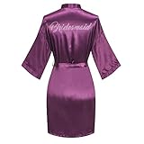 FADTOP レディース ショート着物ローブ 花嫁 ブライズメイド サテン 準備 ドレッシングガウン シルキー バスローブ シルバーラインストーン付き, パープル, One Size