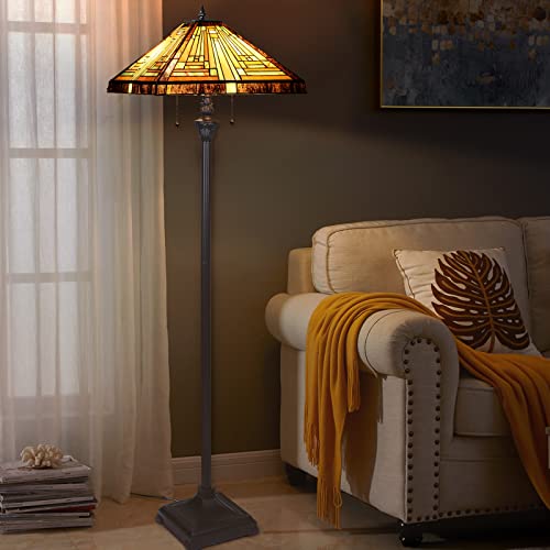 Capulina Tiffany Floor Lamp 2-Light 16X16X63 Inches Amber Brown Mission Antique Style Stained Glass Standing Reading Light For Living Room Bedroom Office #TOP2