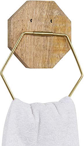 Mygift Brass Tone Metal Hexagon Wall Mounted Bathroom Hand Towel Ring With Mango Wood Geometric Backing - Handcrafted In India #TOP6
