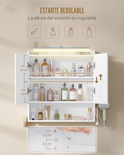 Miniatura 6 de Hzuaneri Armario De Baño, Con Espejo Y Luz Led, Mueble Espejo De Pared, Armario Baño Pared, Con Soportes Y Ganchos Para Secador De Pelo, Con Interruptor Y Enchufe, 16,5 X 60 X 68,5 Cm Blanco