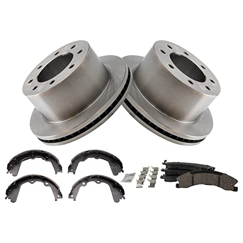 Image of TRQ Rear Brake Pad & Rotor Kit Parking Brake Shoe Set Ceramic Compatible with 2013-2017 Chevrolet Silverado 3500 HD GMC Sierra 3500 HD