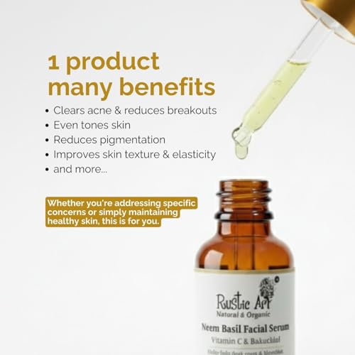 Image of Rustic Art Neem Basil Facial Serum | Vitamin C & Bakuchiol | Controls acne & breakouts, fades dark spots | Imrpoves skin radiance | For all skin types | Organic & Natural |30 ml