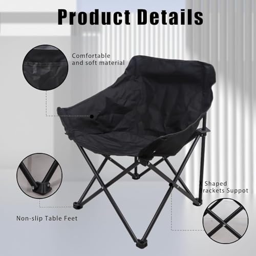 Image of Frevrons Foldable Camping Moon Chair with High Back - Lightweight Portable Outdoor Folding Chair Side Pocket - Heavy Duty X-Frame for Balcony, Garden, Hiking & Travel (Black) (FISHING BLACK CHAIR)