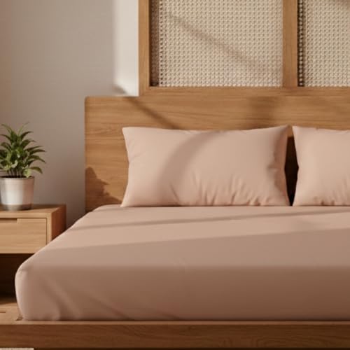 Image of 100% Cotton Queen Size Fitted Bedsheet Set (80x60 inches) with 2 Pillow Covers (18x27 inches) - Percale Weave, Soft & Breathable | (Blush Pink)