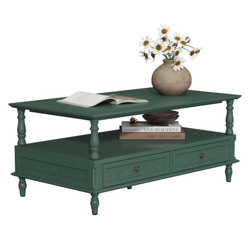 ARTPOWER Coffee Tables for Living Room, Minimal Assembly, Wooden Coffee Table with Storage, Open Display Area and Storage Drawers, Retro Rectangle Coffee Table, Green