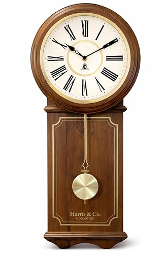 Image of HARRIS & CO. CLOCKMASTERS Wooden Pendulum Wall Clock Luxe Edition 26.5 x 11.5 Inch | Silent Sweep Noiseless Movement | White Metal Roman Dial | Gold Accents & HD Clear Glass | Model-Hyde Park