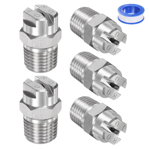 M METERXITY 5-Pack Flat Fan Spray Tip, 80 Degree 1/4BSPT Male Stainless Steel Pressure Washer Nozzles Cleaner Nozzle Replacement W Sealing Tape for Water Guns (2mm Orifice)