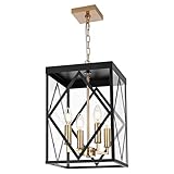 MILUCES Outdoor Pendant Light for Porch, 4-Light Modern Metal Exterior Hanging Lantern Pendant Light Outside Chandelier Black with Clear Glass or Front Porch Entrance Foyer Entryway, Brass Socket