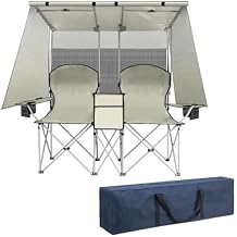 ptlsy Double Camping Chair with Canopy, Folding Two-Person Seat, Portable Outdoor Loveseat with Shade, Portable Chairs for Beach, Lawn, and Outdoor Activities White