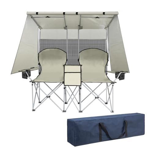 ptlsy Double Camping Chair with Canopy, Folding Two-Person Seat, Portable Outdoor Loveseat with Shade, Portable Chairs for Beach, Lawn, and Outdoor Activities (White)