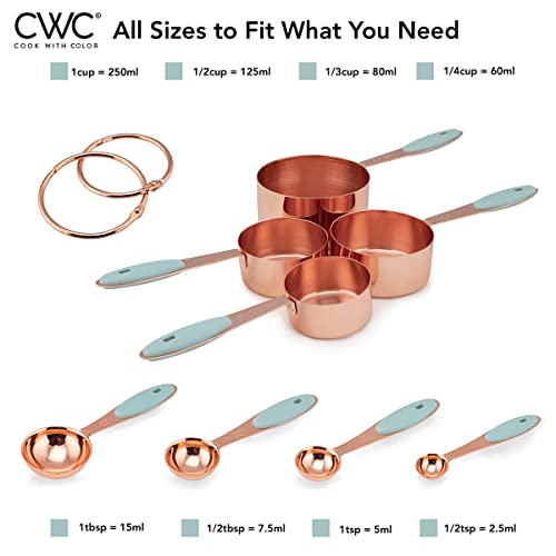 Cook With Color 8 Piece Copper Measuring Cups And Measuring Spoon Set Stainless Steel With Soft Touch Silicone Handles, Nesting Liquid Measuring Cup Set Or Dry Measuring Cups Set (Mint) #TOP1