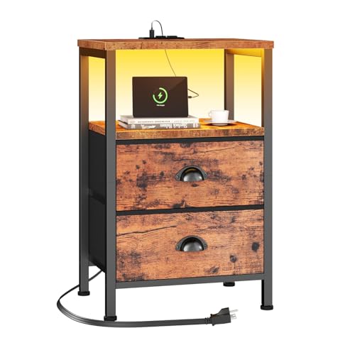 Image of Furologee Nightstand with Charging Station, End Table with LED Lights, Bedside Table with USB Ports & Outlets, Night Stands with 2 Drawers, for Living Room /Bedroom