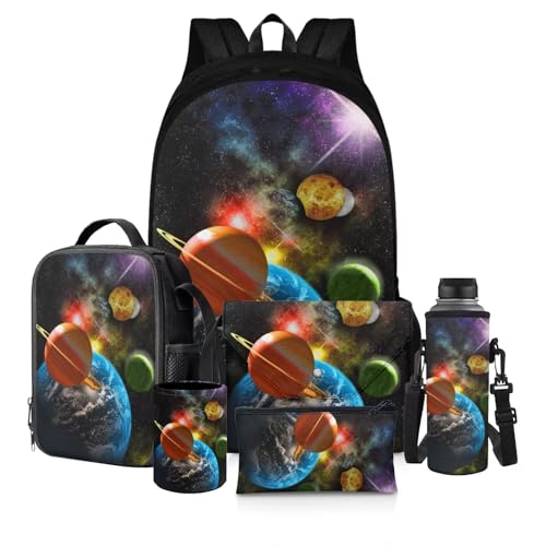 Zaino per bambini borse scuola con portapranzo astuccio per matite per bottiglie dacqua Set di 6 pezzi per libri Galaxy Planet per