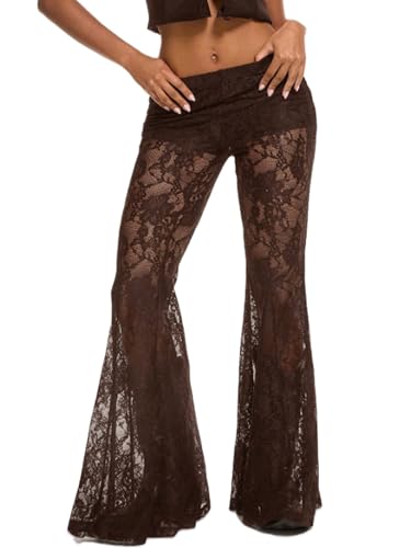 Image of Acrawnni Women Lace Bell Pant Sexy Elastic Waist See Through Flare Bottom Leggings Hollow Out Mesh Cover Up Trousers Bootcut Trousers (G-Dark Brown, S)
