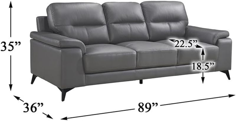 Pemberly Row 2-Piece Sofa Set, Top Grain Leather and Faux Leather, Dark Gray Finish, Pillow-Top Arms, Black Metal Legs, Solid Wood and Plywood Frame, High-Density Foam Cushions, Modern Living Room