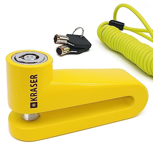 KRASER KR710Y Antivol Bloque Disque Moto, Jaune ø10mm Plus Dissuasif, Serrure avec Balle Anti-Perçage, Sécurité Compacte, Facile à Transporter, Bloc Disc Frein Roue pour Moto Scooter Velo Electrique