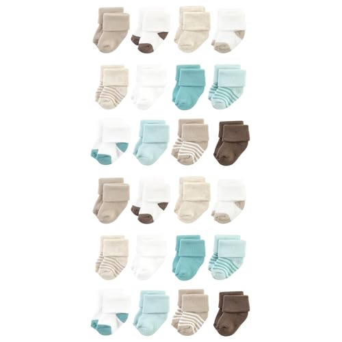Hudson Baby Unisex Baby Cotton Rich Baby Terry Socks 24-Pack, Teal Brown Stripe, 0-6 Months