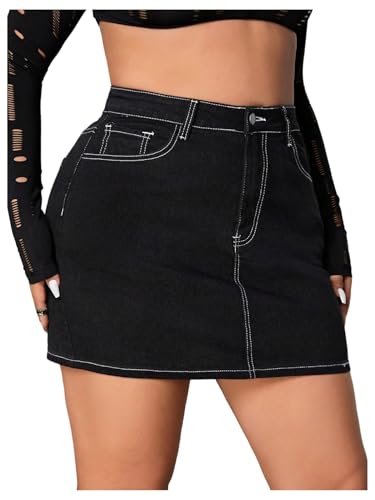 WDIRARA Women's Plus Size High Waist Cargo Denim Skirt Flap Pockets Zipper Fly Bodycon Mini Jean Skirt Black Stitching 4X-Large Plus