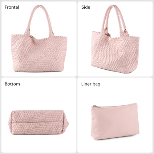 Image of Woven Tote Bag Womens Purse Vegan Leather Shoulder Handbags Fashion Summer Beach Tote Bags Large Travel Totes