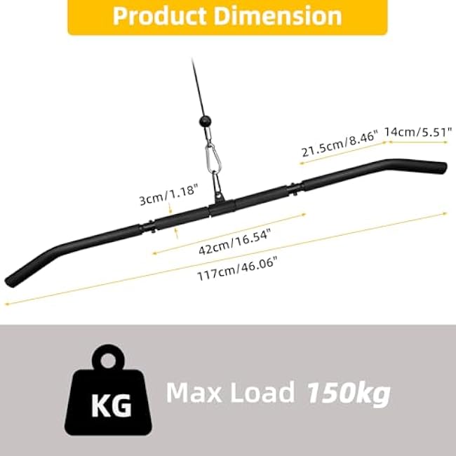 46 Lat Pulldown Attachments Bar For Cable Machine,2 in 1 Wide Grip Rotating Bar For Homr Gym Pulley System,Tricep Press Down Straight Bar With Foam Handle (Black, 46)