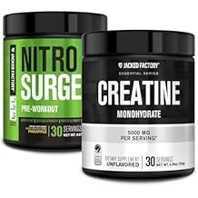Jacked Factory NITROSURGE Pre Workout Supplement Pineapple, 30 Servings & Creatine Monohydrate Powder Unflavored, 30 Servings