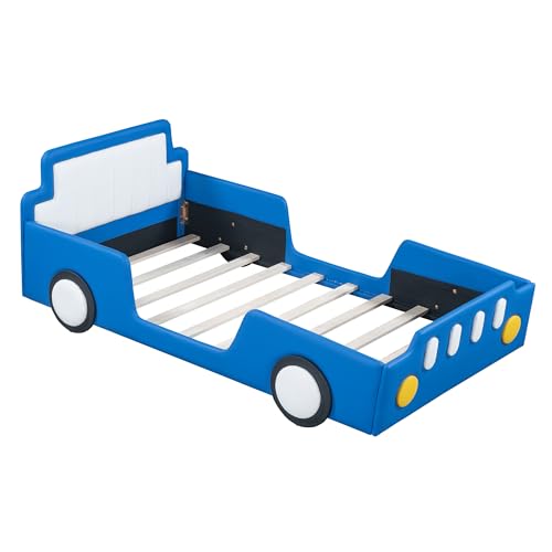 Image of Race Car Shaped Platform Bed with Wheels, Twin Size Wood Low Floor Bed Frame with Headboard and Footboard, Upholstered Bed with Rails, No Box Spring Needed, Blue