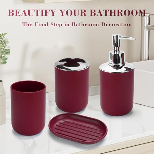 4 Pcs Burgundy Bathroom Accessories Set,Bohemian Bathroom Toothbrush Holder Set.Include Soap Dispenser, Soap Dish, Toothbrush Holder, Mouthwash Cup, Modern Bahtroom Decor Set - Thumbnail 3