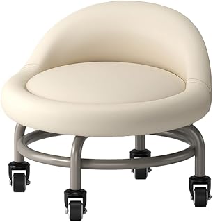 Low Rolling Stool with Wheel and Back,Ottoman Footstool, Roller Seat Short Rolling Foot Stools with Universal Swivel Caster Wheels Pu Leather Little Stools on Wheel grey1 (White1)