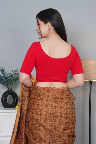 Image of Mlada V-Neck Stretchable Saree Blouse Top for Women | Slim Fit Short Sleeves Solid Cotton Blouses | Readymade Saree Blouses for Women Festive & Ethnic | Blouse Crop Top