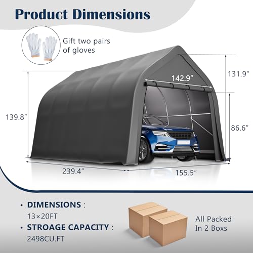 YOPTO Anti-Snow 13x20 FT Carport,Grade Heavy Duty Portable Garage Canopy with Steel Frame & Vented Roof,Waterproof Outdoor Storage Shed W/Removable Double-Zipper Doors,for Vehicle, Boat,RV,Grey