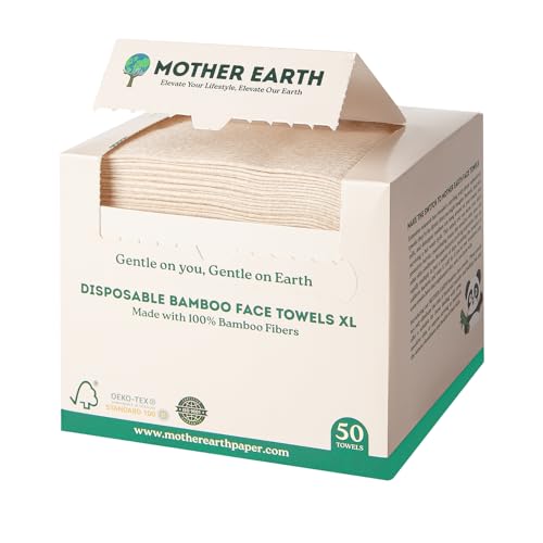 MOTHER EARTH Bamboo Face Towels XL - Hypoallergenic and Disposable Face Wipes | Dry Makeup Removers | Made from Bamboo Viscose | Extra Soft for Sensitive Skin (50 Towels)