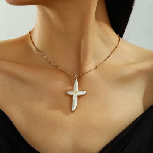 Pearl Cross Necklace for Women Freshwater Natural Chunky Baroque Pearl Necklaces Big Gold Cross Necklace Sideways Cross Christian Gifts for Women Men Trendy Jewelry3