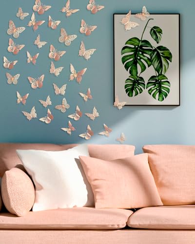 Image of 72Pcs 3D Butterfly Wall Decor, Rosegold Butterfly Decorations, 4 Styles 3 Sizes Removable Butterflies Wall Stickers Room Decor for Birthday Party Kids Bedroom Cake Nursery Room Decor