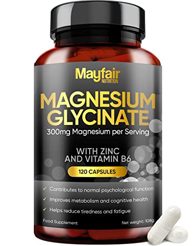 Glycinate de magnésium avec zinc et vitamine B6 - 120 capsules végétaliennes à haute résistance - Complexe de complément de magnésium fournissant 300 mg de magnésium élémentaire par quotidien - 2 mois d'approvisionnement - Fabriqué au Royaume-Uni Cover