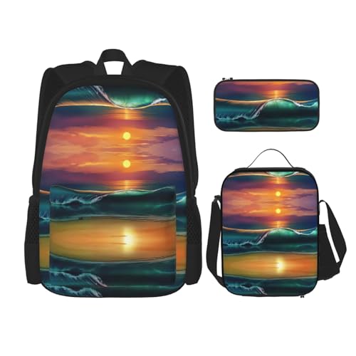 Sac à dos Sunset Seaside boîte à déjeuner assortie grand volume pour cartable scolaire