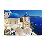 QAZWZML Felpudos de bienvenida con diseño de isla griega de Santorini, adecuados para puertas delanteras, patios, cocinas o baños.